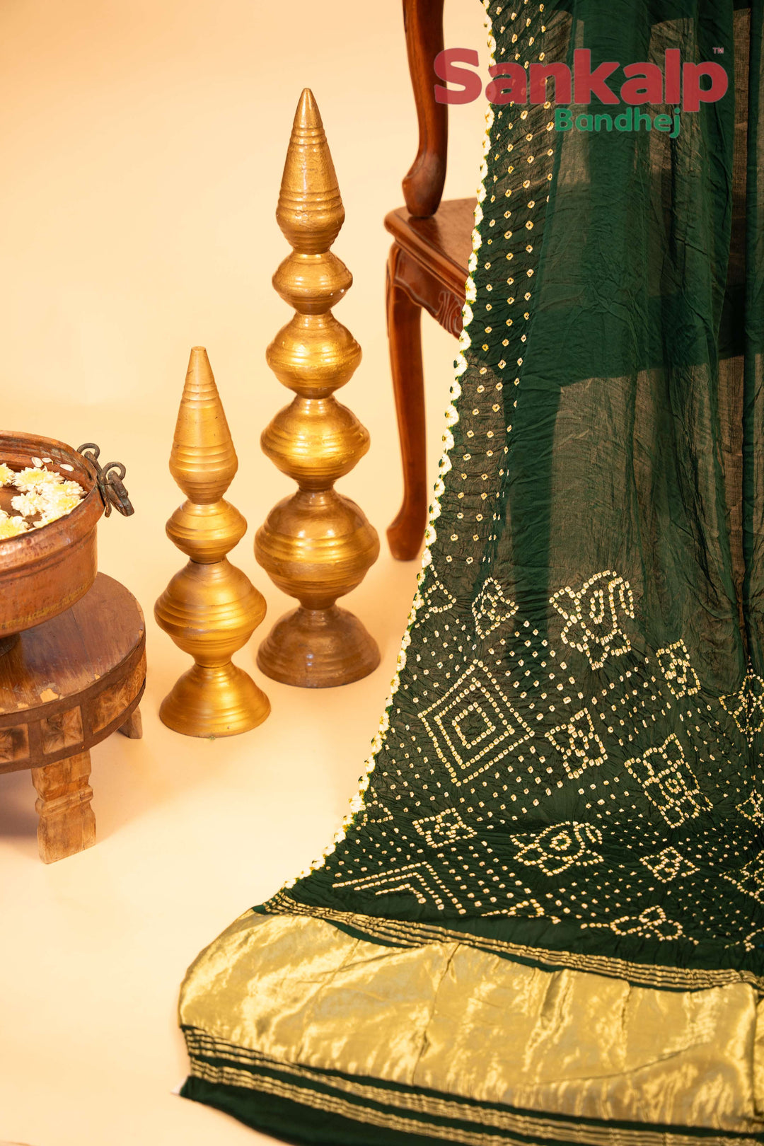 Dark Green Pure Modal Silk Lagdi Patta Pallav Bandhani Saree