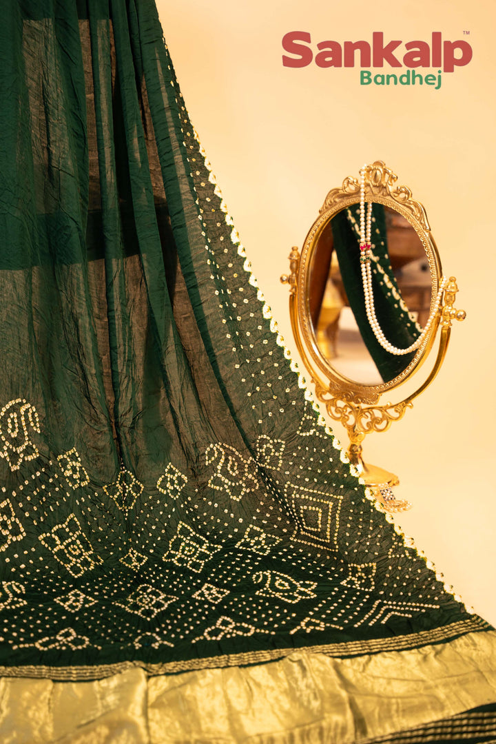 Dark Green Pure Model Silk Bandhani Saree With Lagdi Patta Pallav