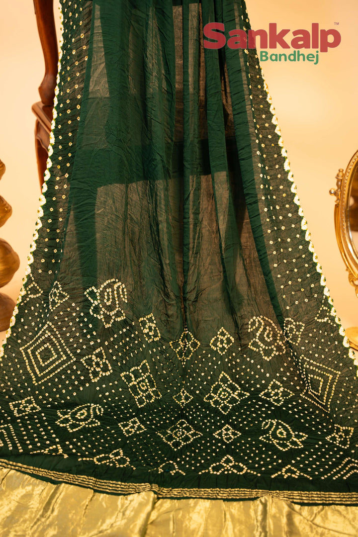 Dark Green Pure Modal Silk Lagdi Patta Pallav Bandhani Saree