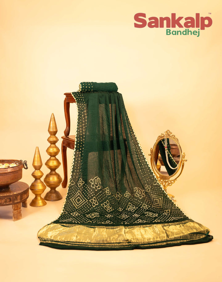 Dark Green Pure Model Silk Bandhani Saree With Lagdi Patta Pallav