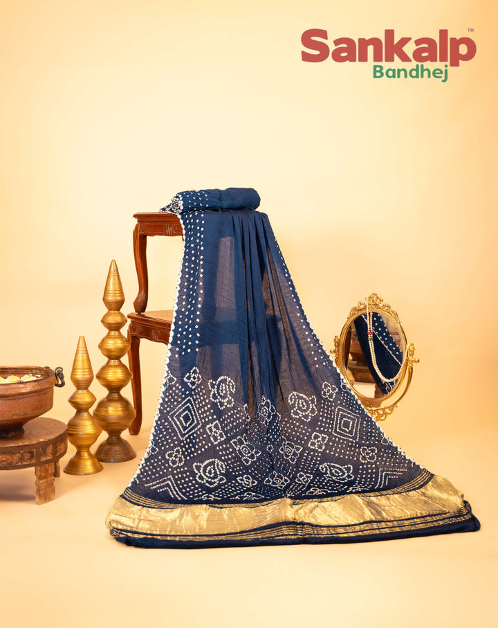 Dark Blue Pure Modal Silk Lagdi Patta Pallav Bandhani Saree