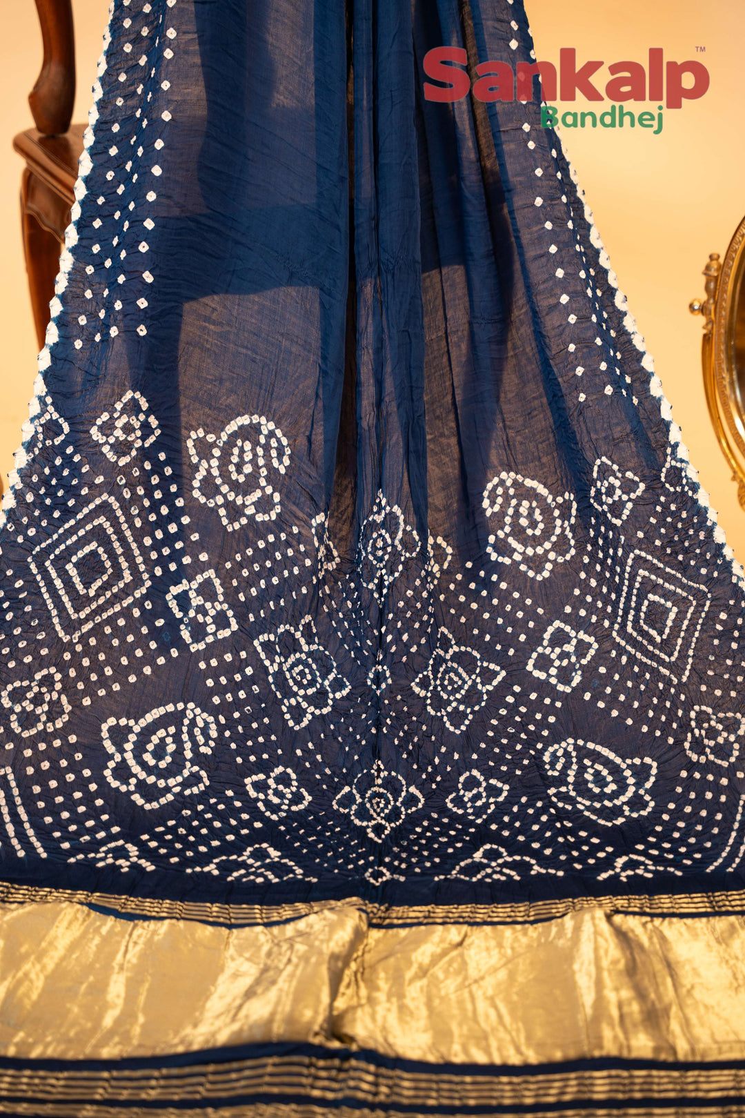 Dark Blue Pure Modal Silk Lagdi Patta Pallav Bandhani Saree