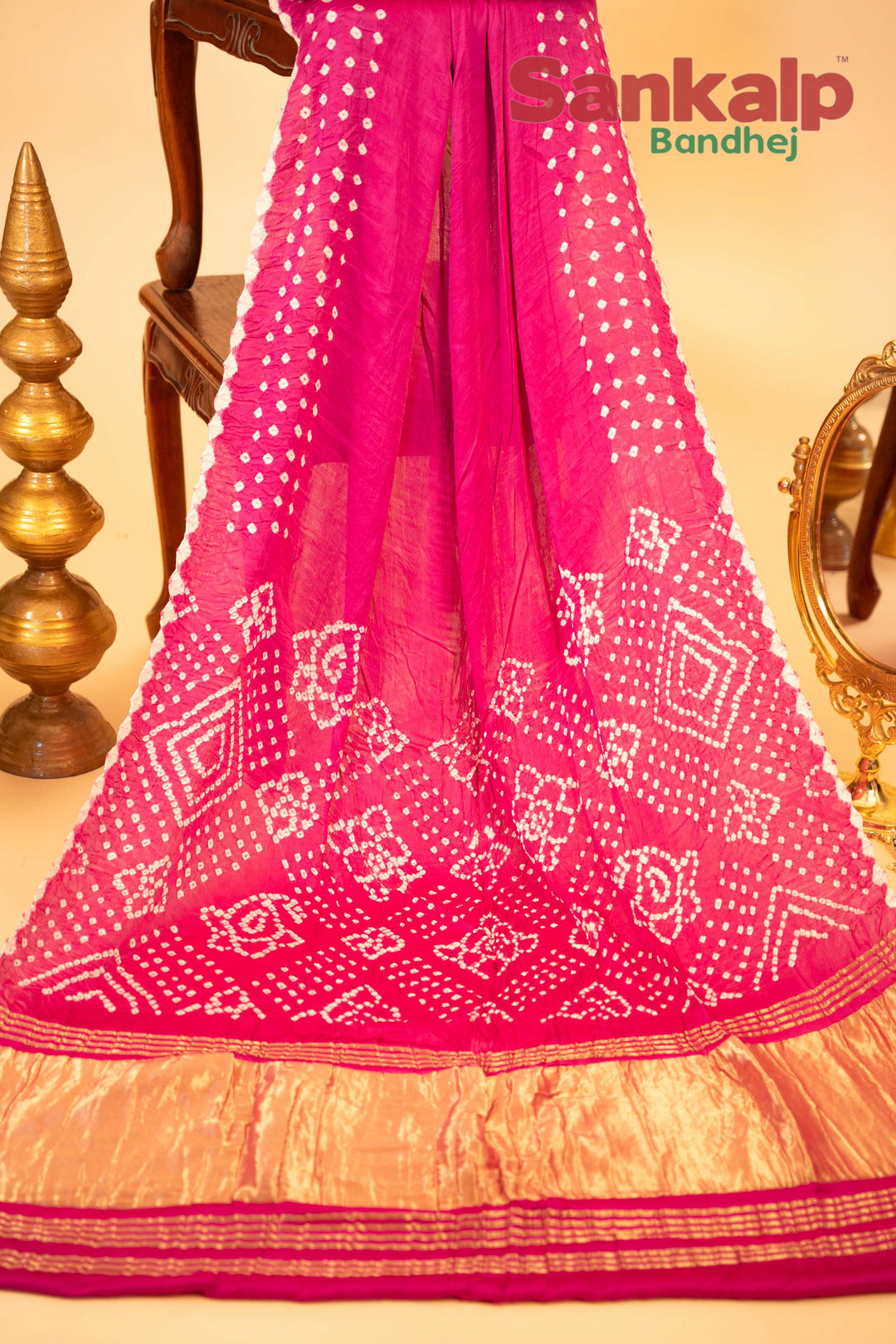 Pink Pure Modal Silk Lagdi Patta Pallav Bandhani Saree