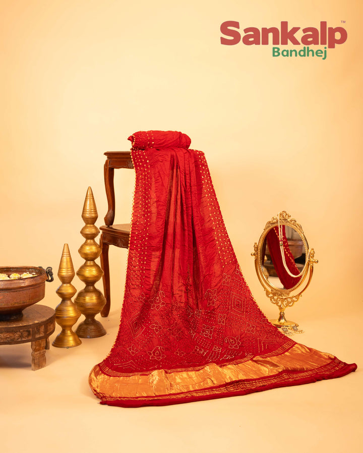 Red Pure Modal Silk Lagdi Patta Pallav Bandhani Saree