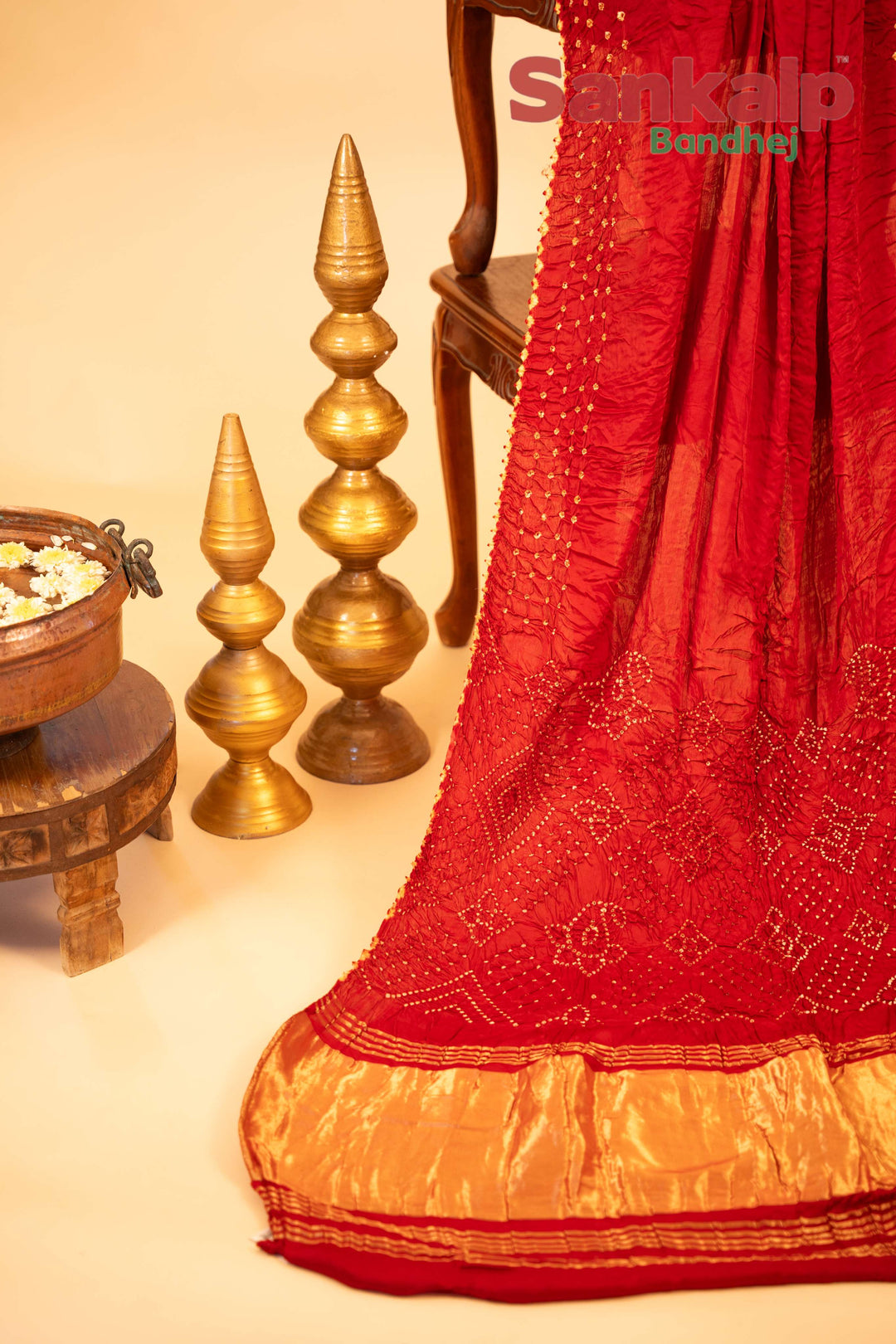 Red Pure Modal Silk Lagdi Patta Pallav Bandhani Saree