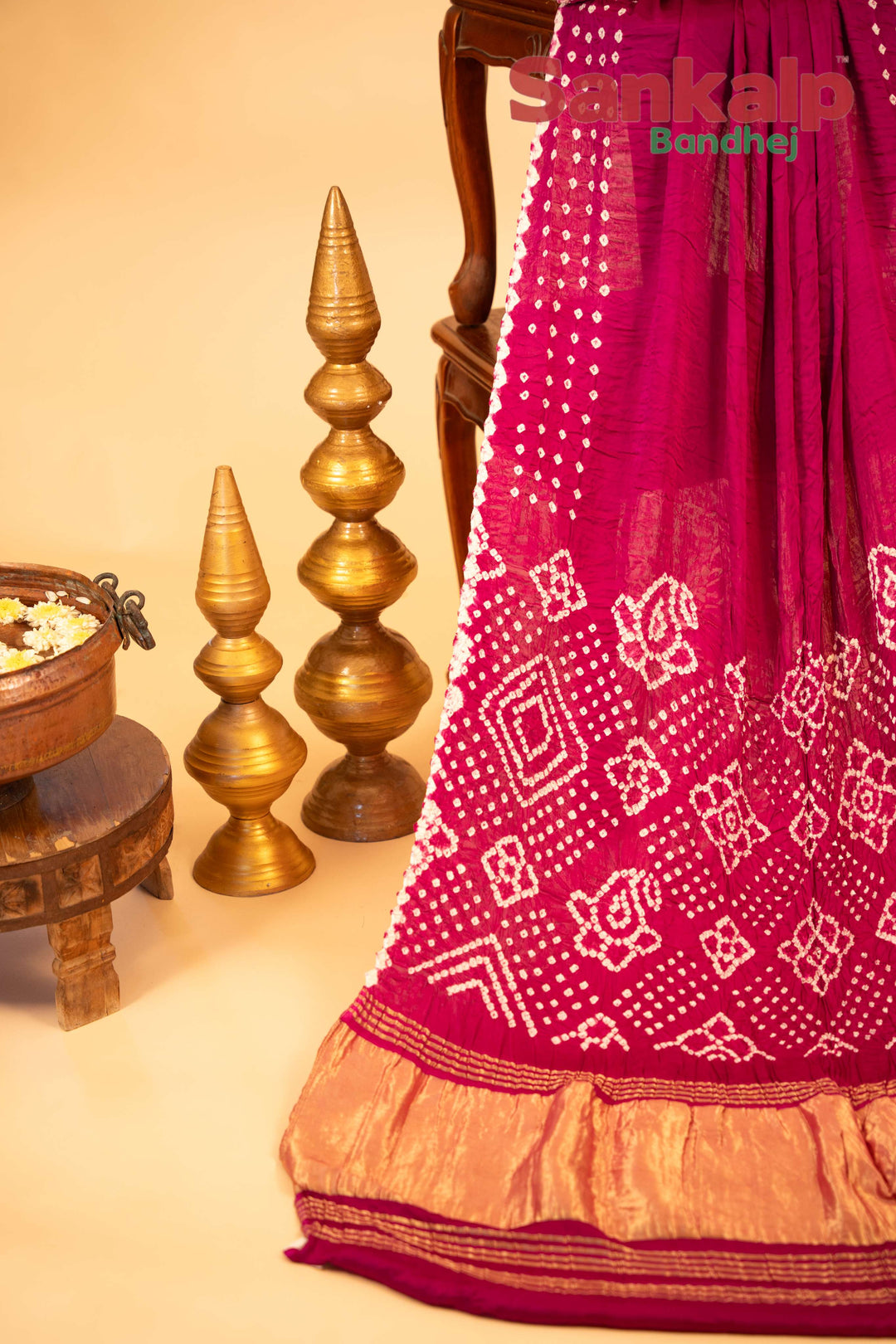 Rani Pink Pure Modal Silk Lagdi Patta Pallav Bandhani Saree