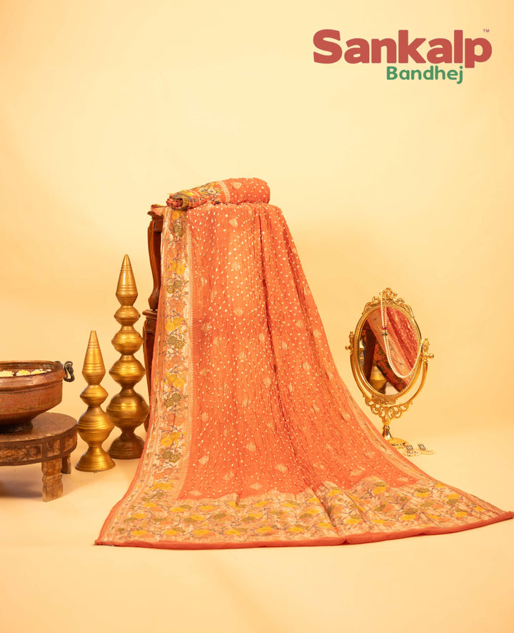 Peach Tussar Silk Bandhej Saree With Zari Border