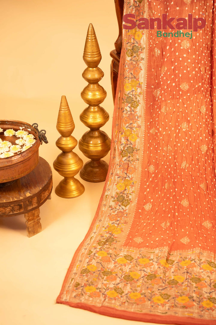 Peach Tussar Silk Bandhej Saree With Zari Border