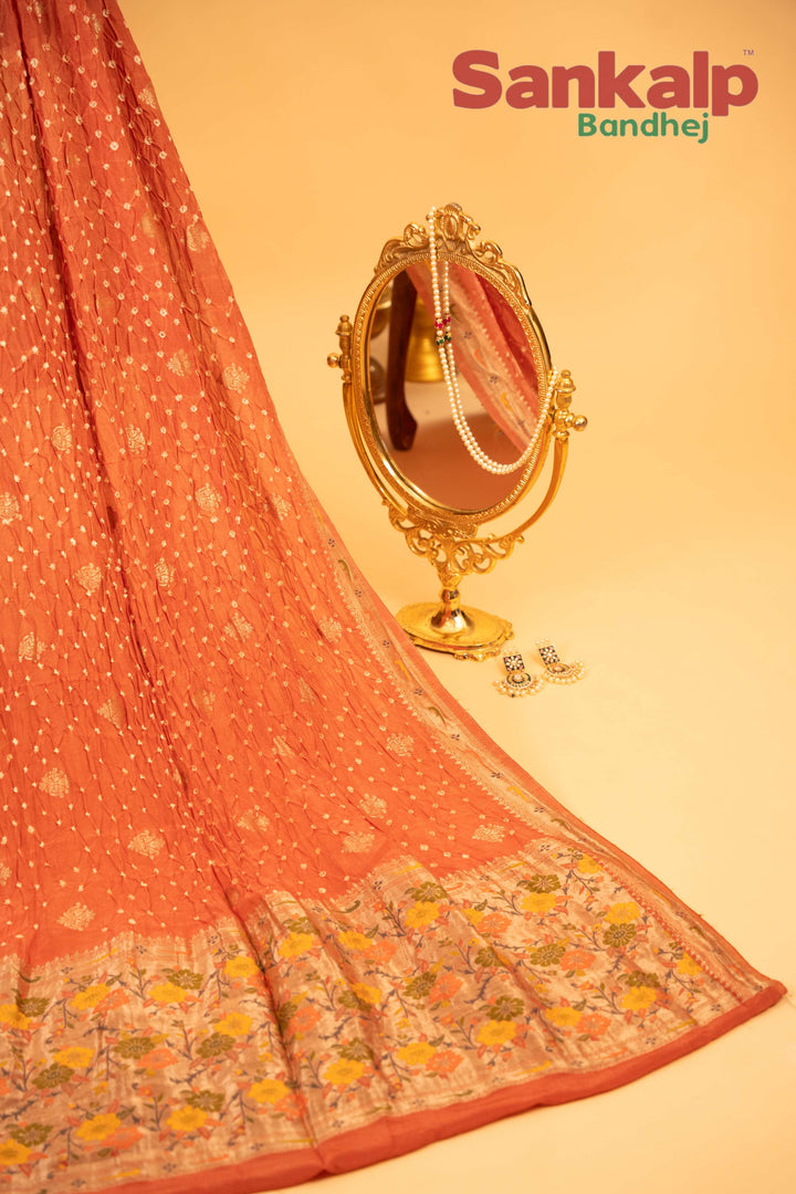 Peach Tussar Silk Bandhej Saree With Zari Border