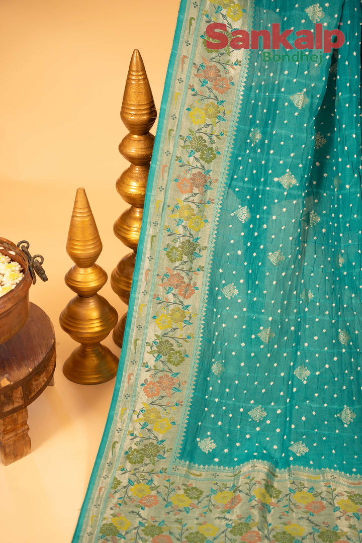 Light Blue Art Tussar Silk Bandhej Saree With Zari Border