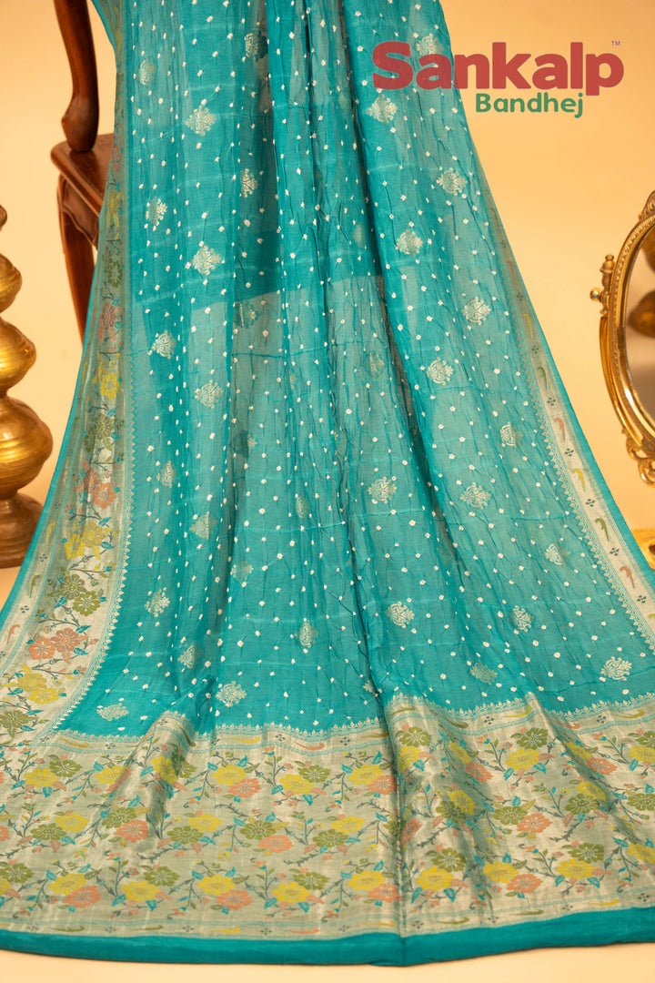 Light Blue Art Tussar Silk Bandhej Saree With Zari Border