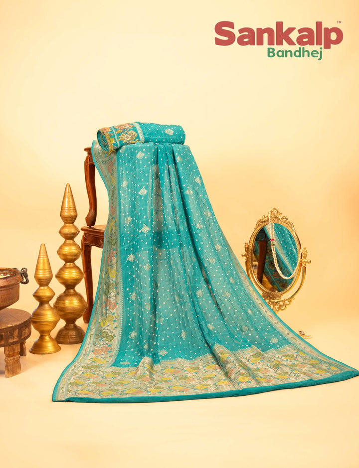 Light Blue Art Tussar Silk Bandhej Saree With Zari Border