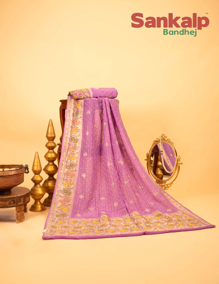 Lavender Art Tussar Silk Bandhej Saree With Zari Border