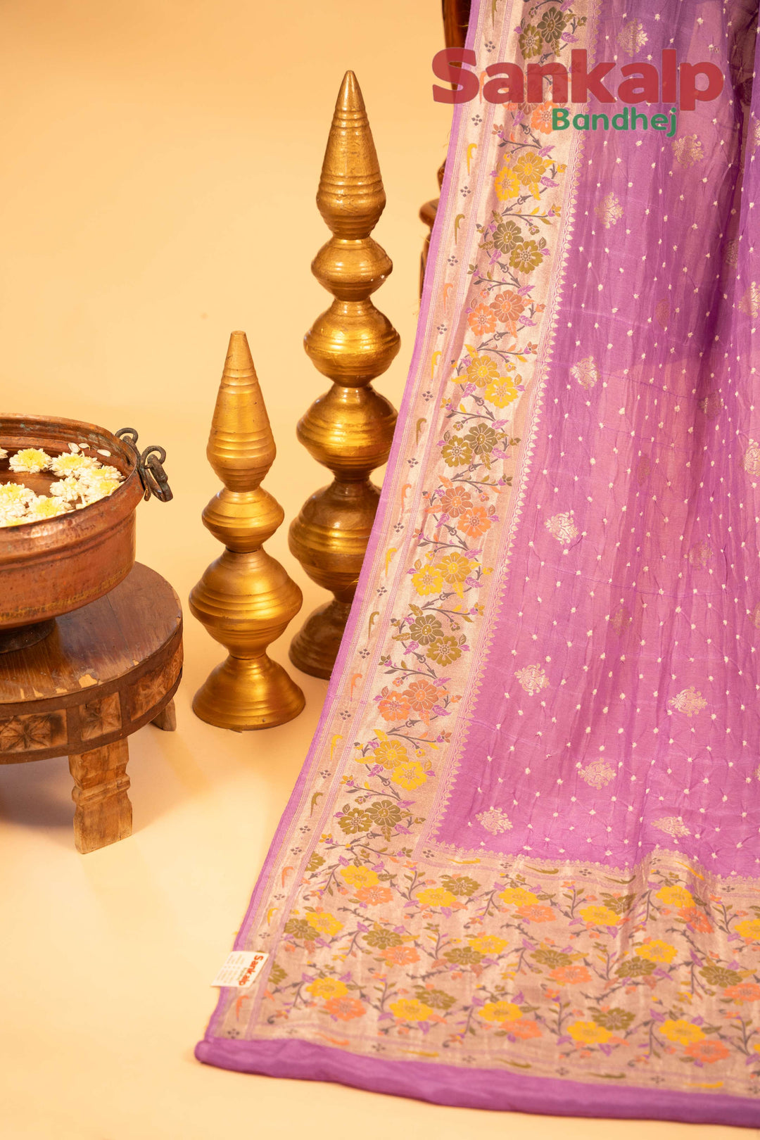 Lavender Art Tussar Silk Bandhej Saree With Zari Border