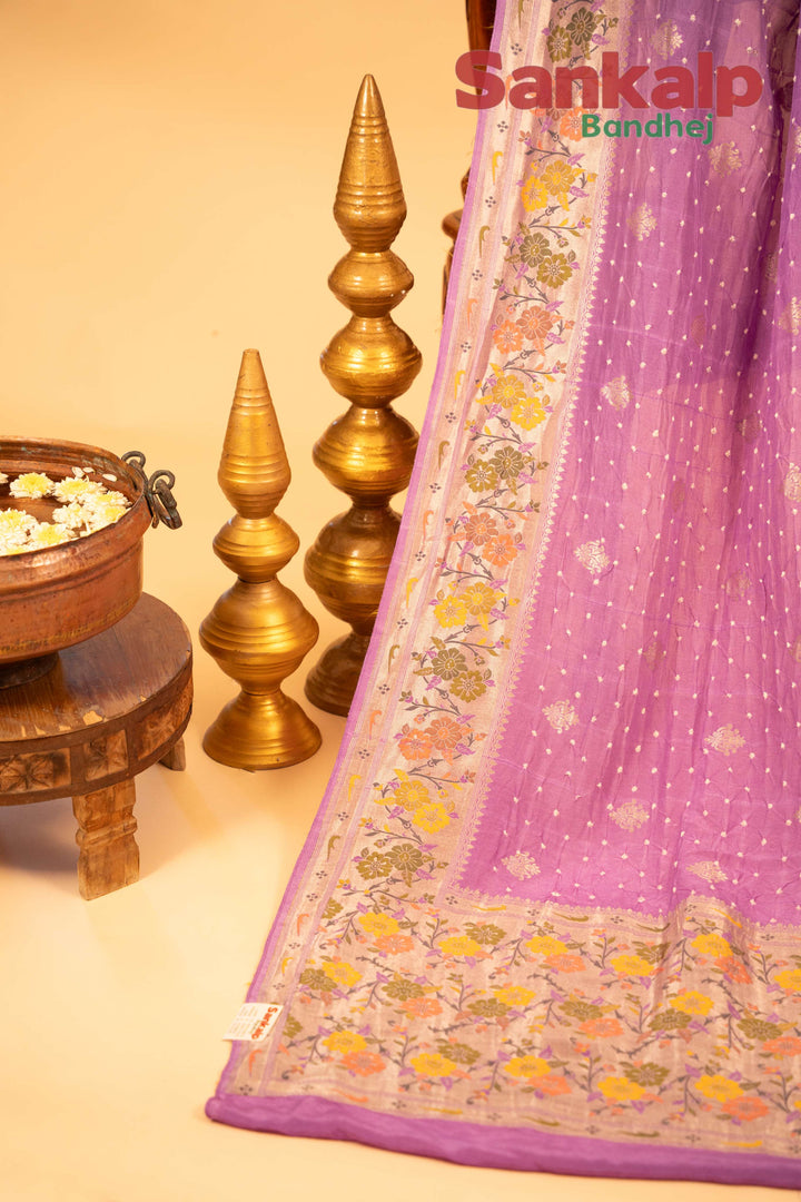 Lavender Art Tussar Silk Bandhej Saree With Zari Border