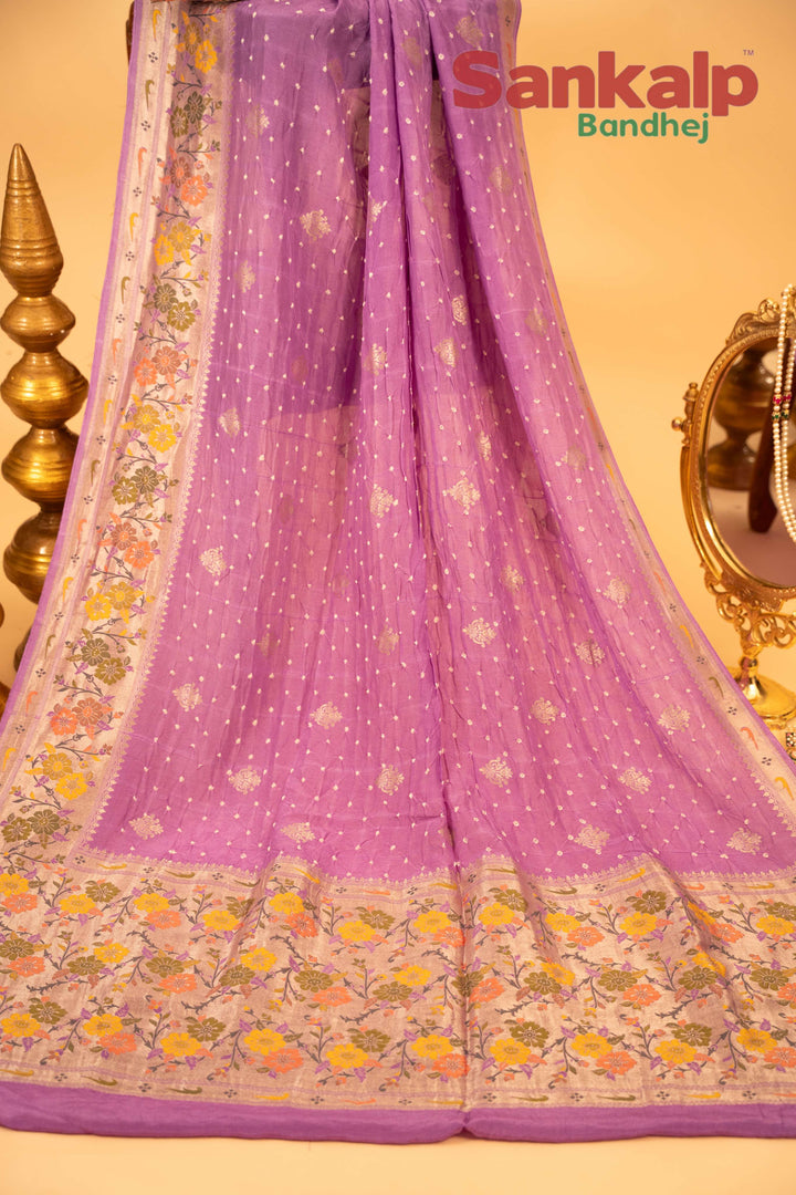 Lavender Art Tussar Silk Bandhej Saree With Zari Border