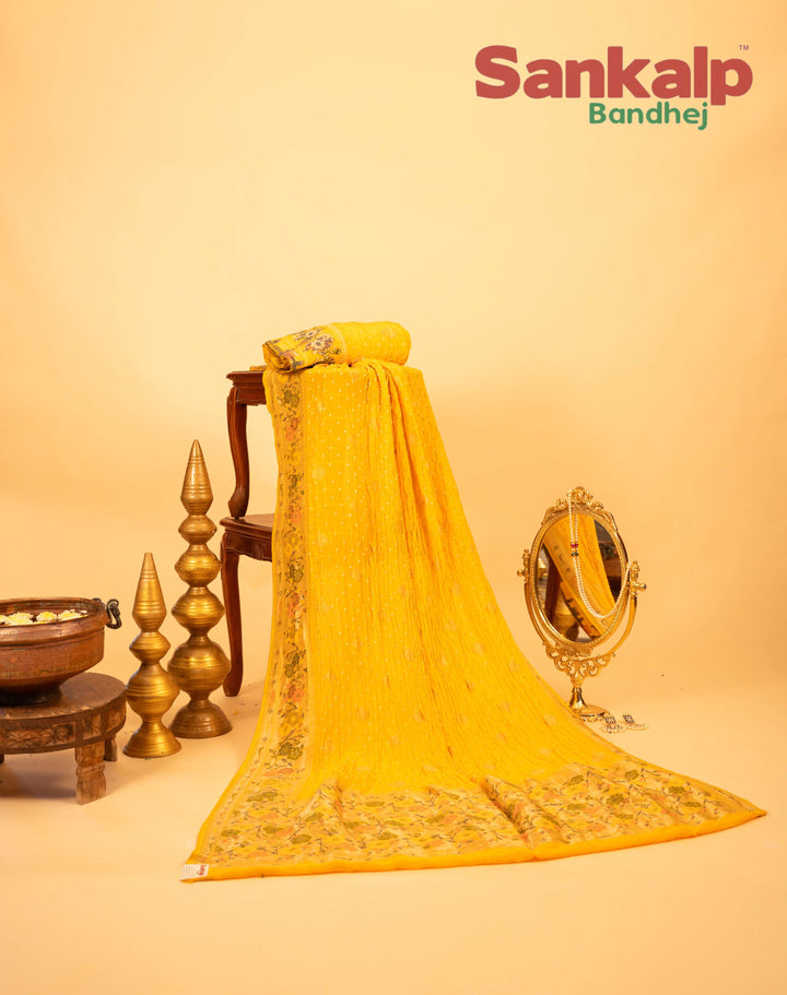 Yellow Art Tussar Silk Bandhej Saree With Zari Border