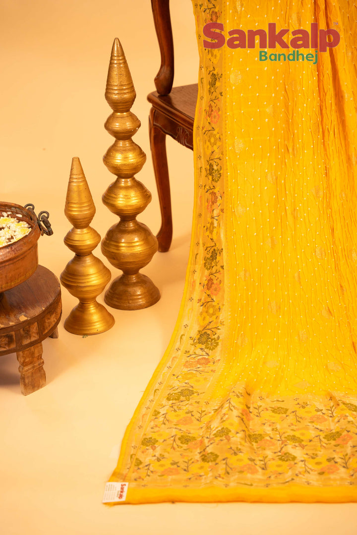 Yellow Art Tussar Silk Bandhej Saree With Zari Border