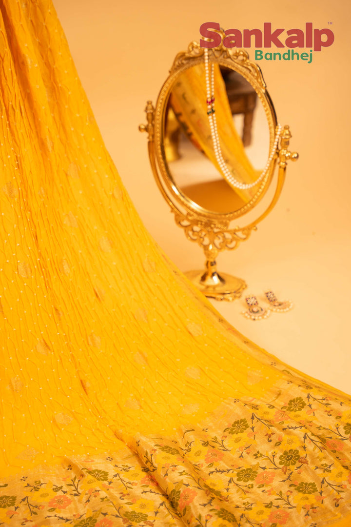 Yellow Art Tussar Silk Bandhej Saree With Zari Border