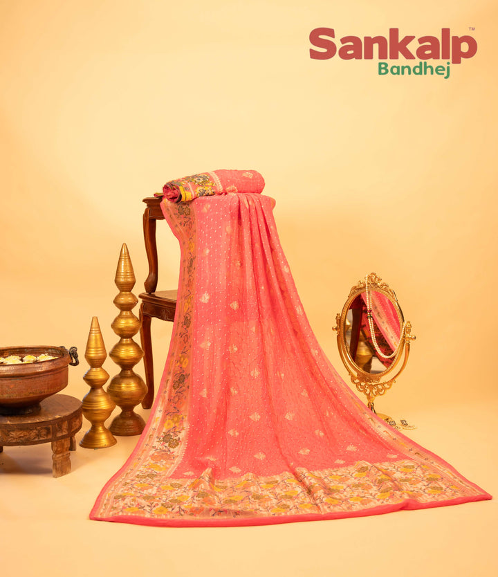 Light Pink Art Tussar Silk Bandhej Saree With Zari Border