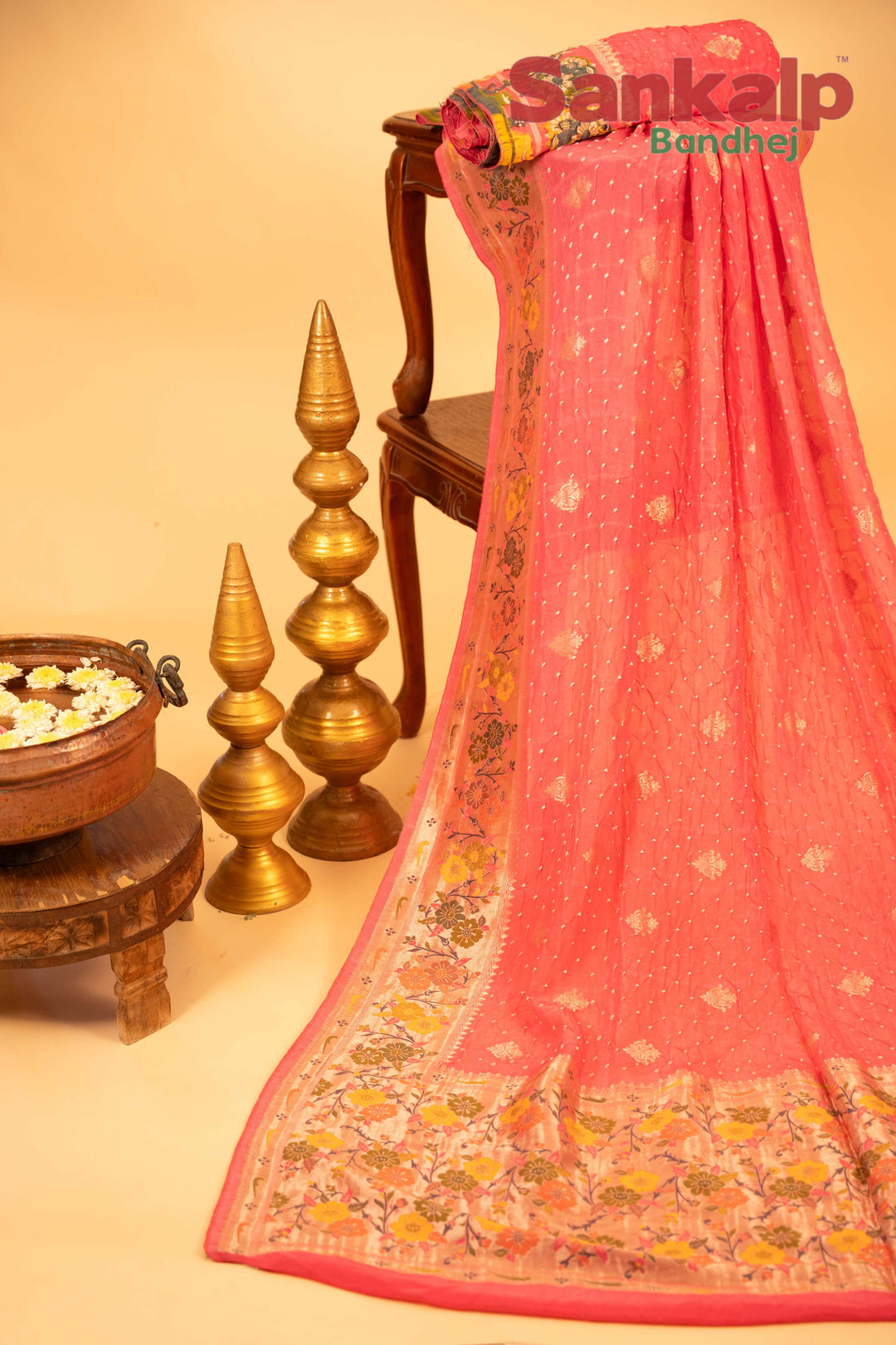 Light Pink Art Tussar Silk Bandhej Saree With Zari Border