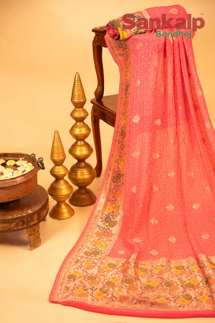 Light Pink Art Tussar Silk Bandhej Saree With Zari Border