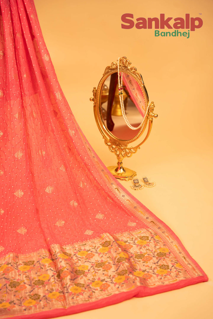 Light Pink Art Tussar Silk Bandhej Saree With Zari Border