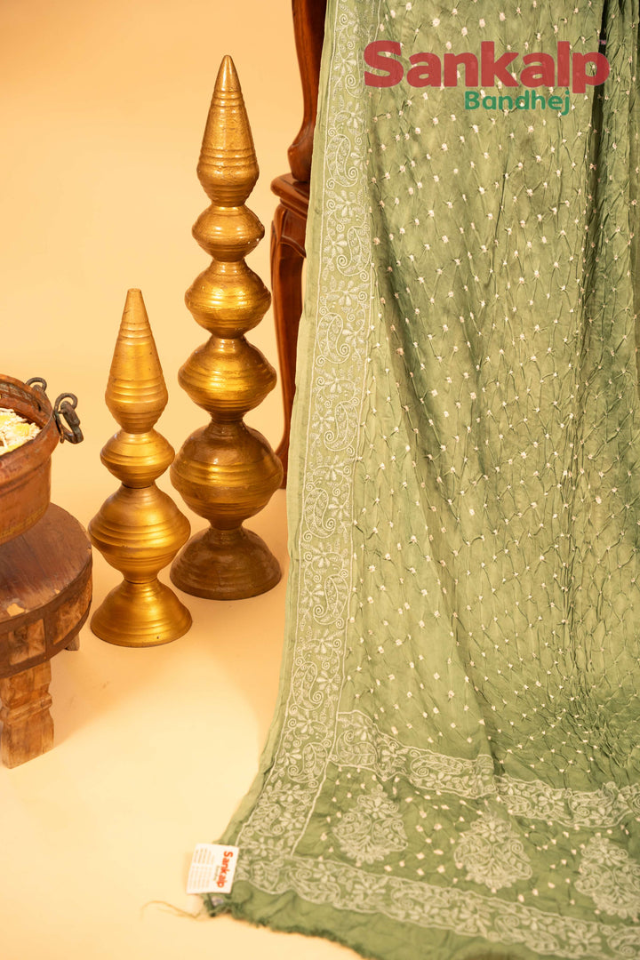 Pastel Green Modal Silk Lucknowi Bandhej Saree