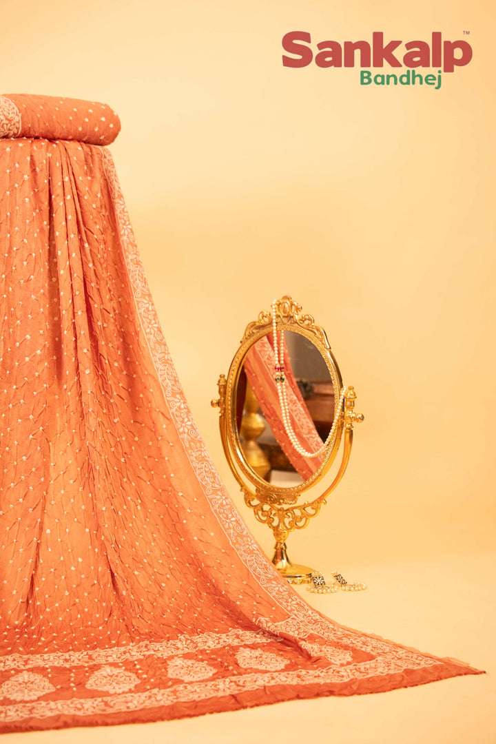 Light Orange Modal Silk Lucknowi Bandhej Saree
