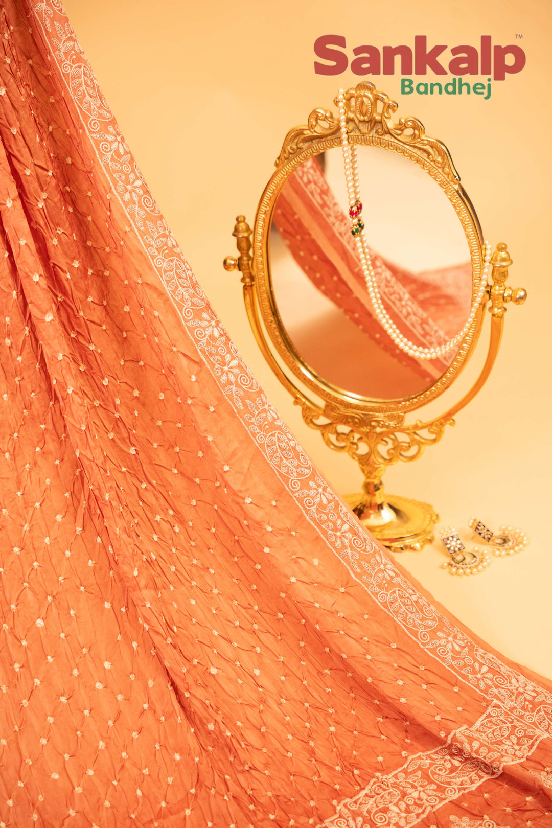 Light Orange Modal Silk Lucknowi Bandhej Saree