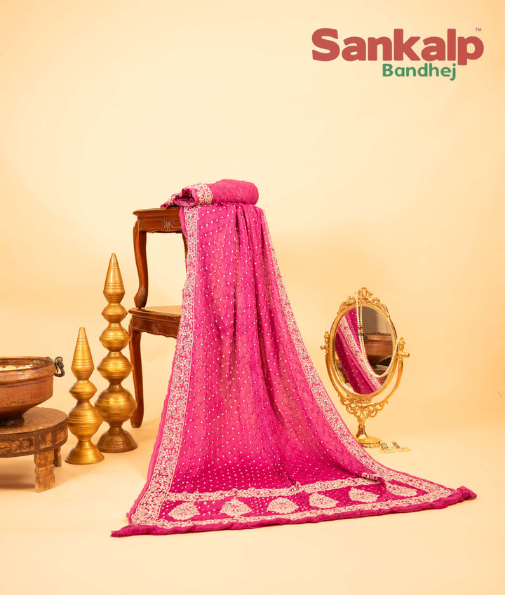 Rani Pink Modal Silk Lucknowi Bandhej Saree