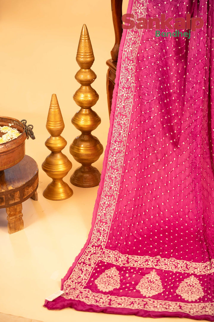 Rani Pink Modal Silk Lucknowi Bandhej Saree