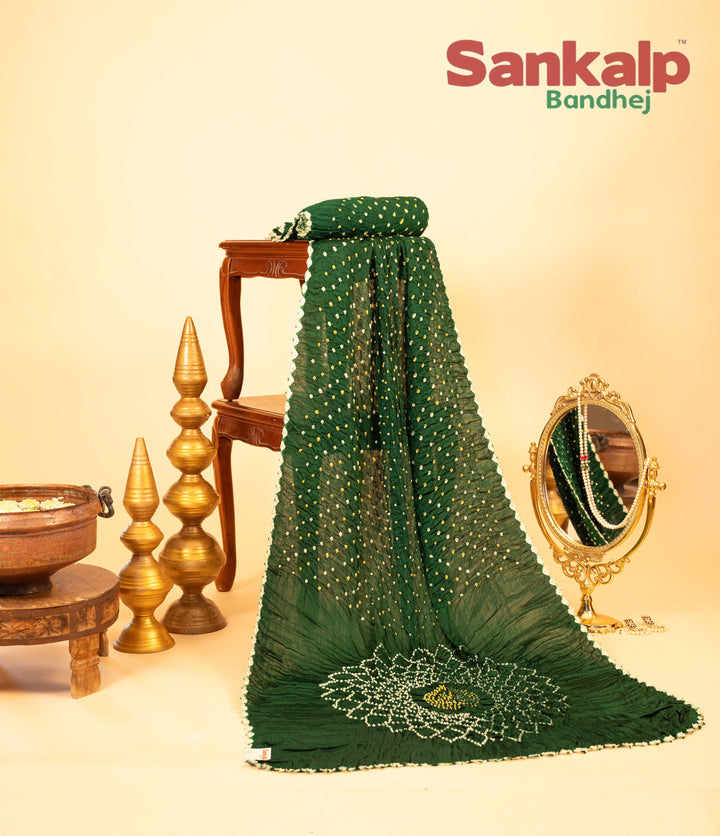 Dark Green Pure Modal Silk Bandhani Saree With Lagdi Patta