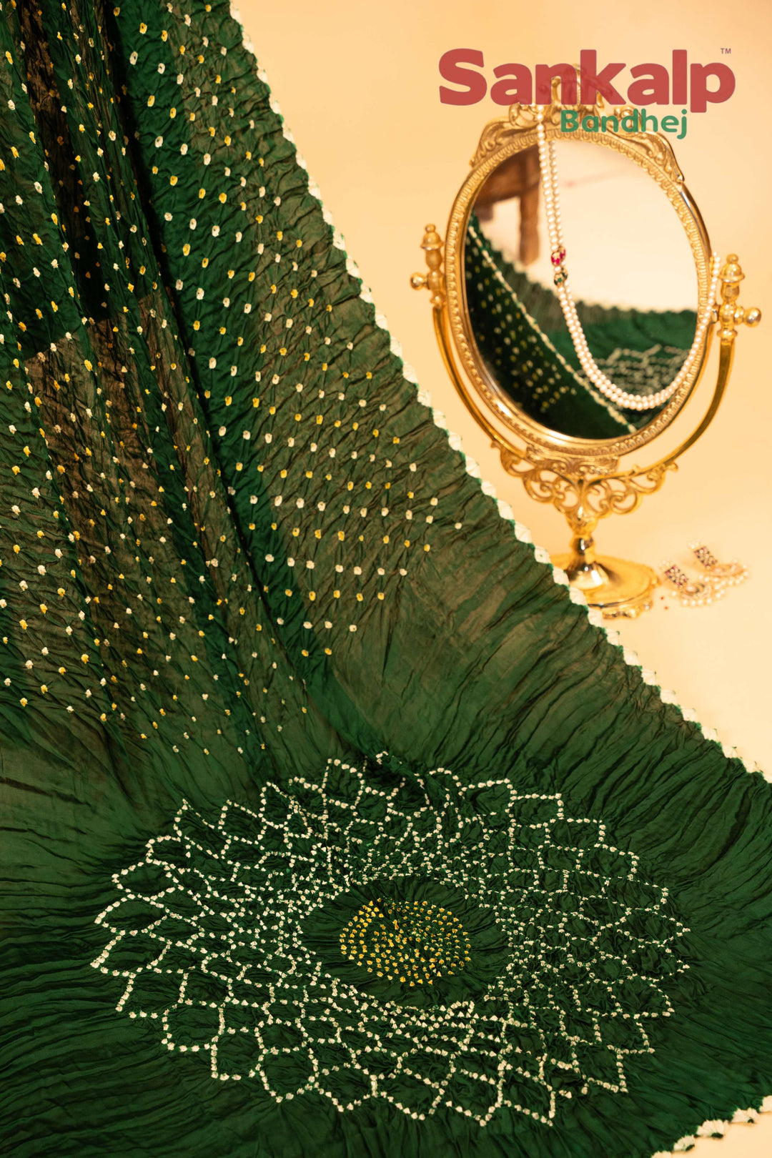 Dark Green Pure Modal Silk Bandhani Saree With Lagdi Patta