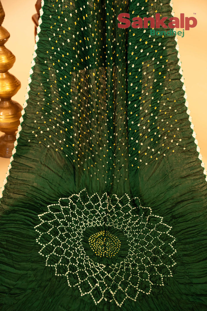 Dark Green Pure Modal Silk Bandhani Saree With Lagdi Patta