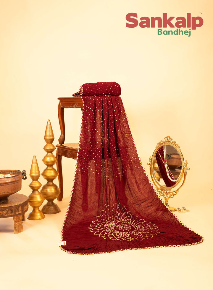 Deep Maroon Pure Modal Silk Bandhani Saree With Lagdi Patta