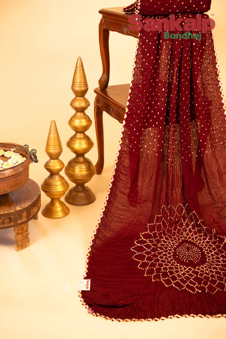Deep Maroon Pure Modal Silk Bandhani Saree With Lagdi Patta