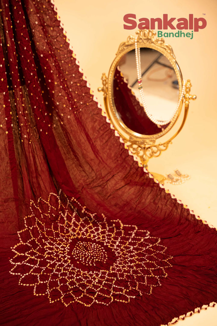 Deep Maroon Pure Modal Silk Bandhani Saree With Lagdi Patta