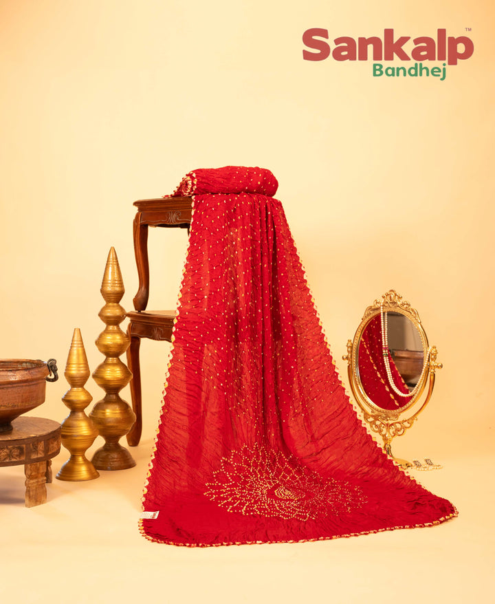 Bright Red Pure Modal Silk Bandhani Saree With Lagdi Patta