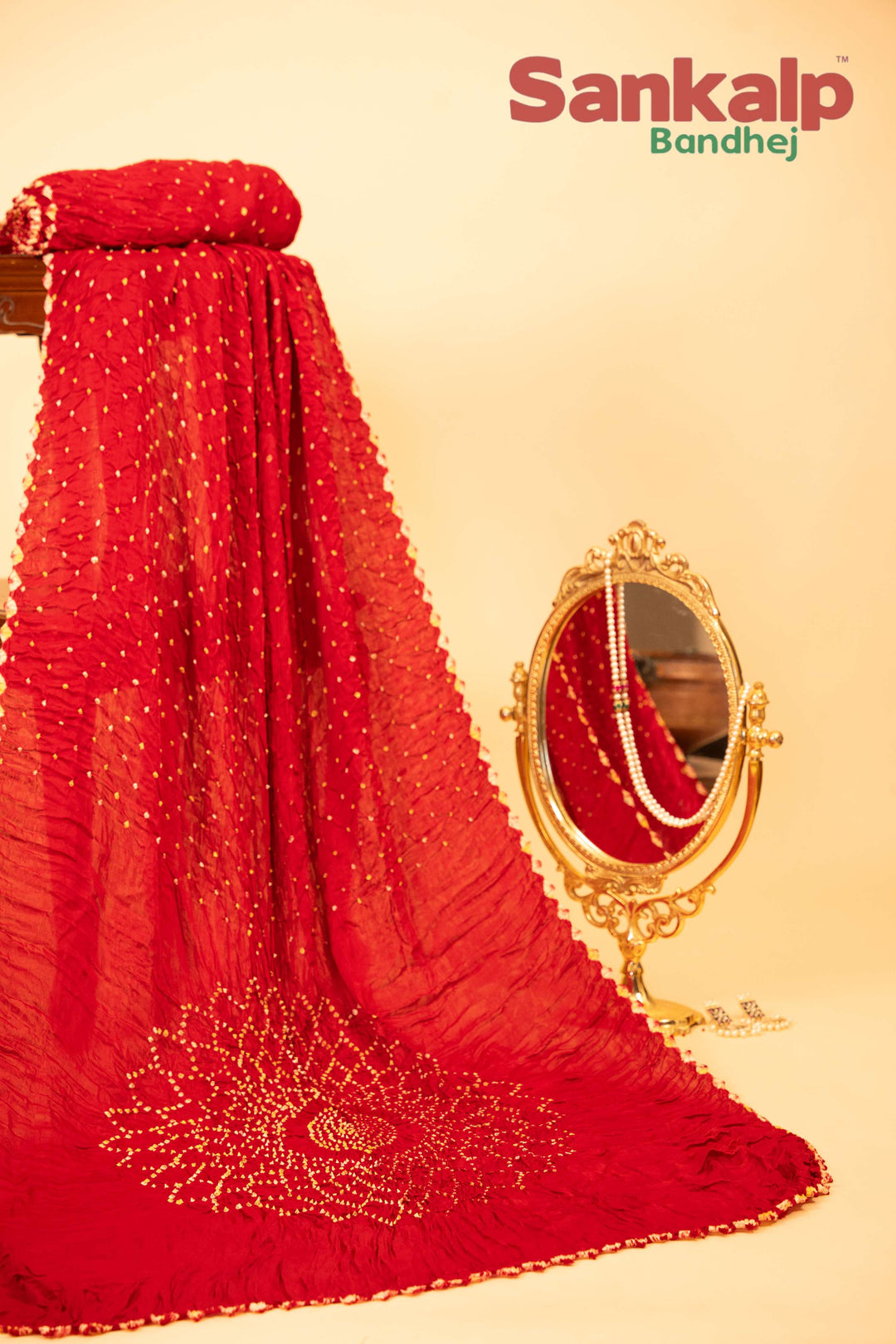 Bright Red Pure Modal Silk Bandhani Saree With Lagdi Patta