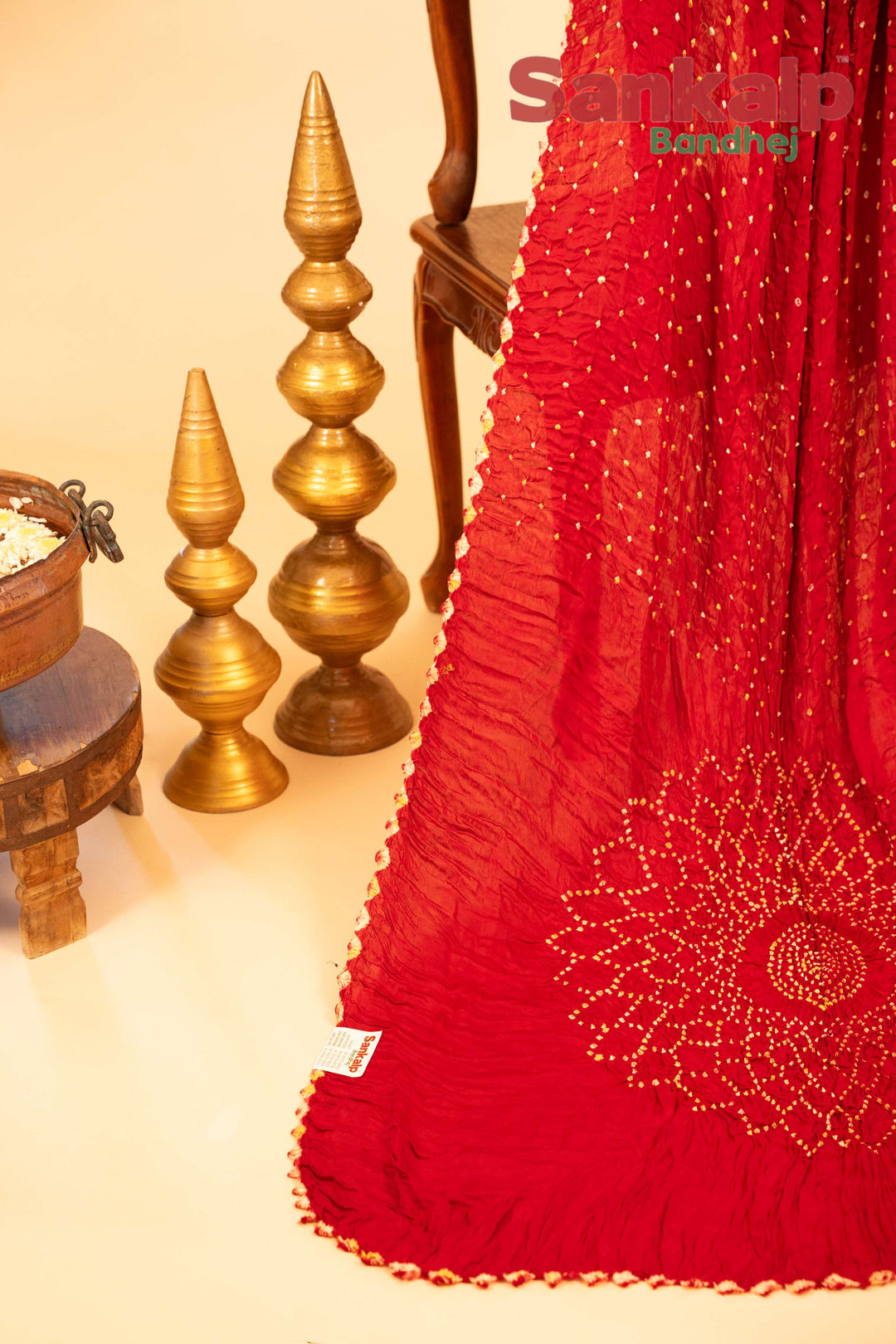 Bright Red Pure Modal Silk Bandhani Saree With Lagdi Patta