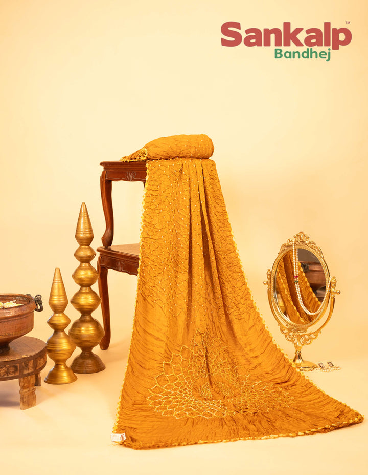 Mustard Yellow Pure Modal Silk Bandhani Saree With Lagdi Patta