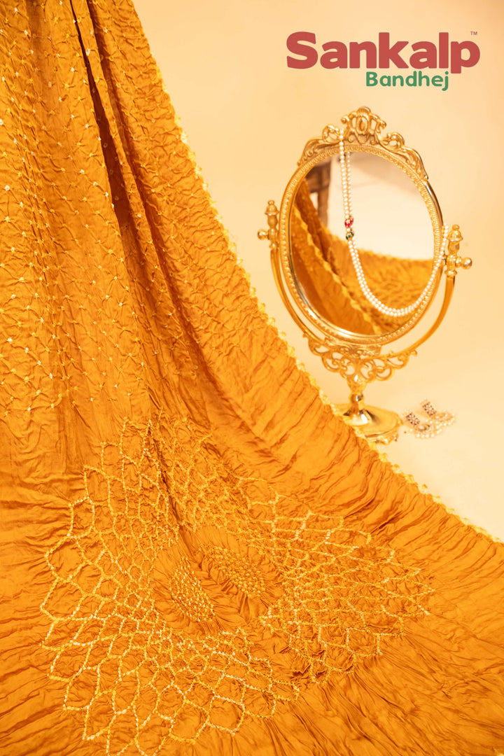 Mustard Yellow Pure Modal Silk Bandhani Saree With Lagdi Patta