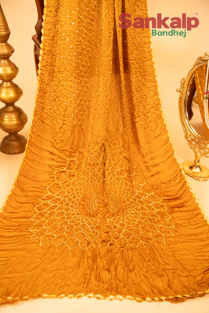 Mustard Yellow Pure Modal Silk Bandhani Saree With Lagdi Patta