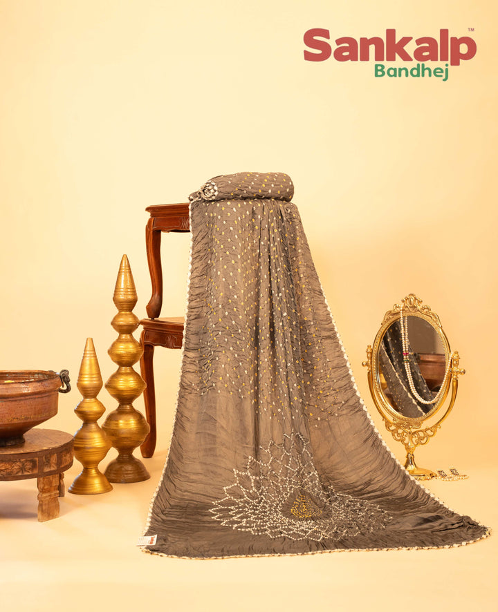 Grey Pure Modal Silk Bandhani Saree With Lagdi Patta