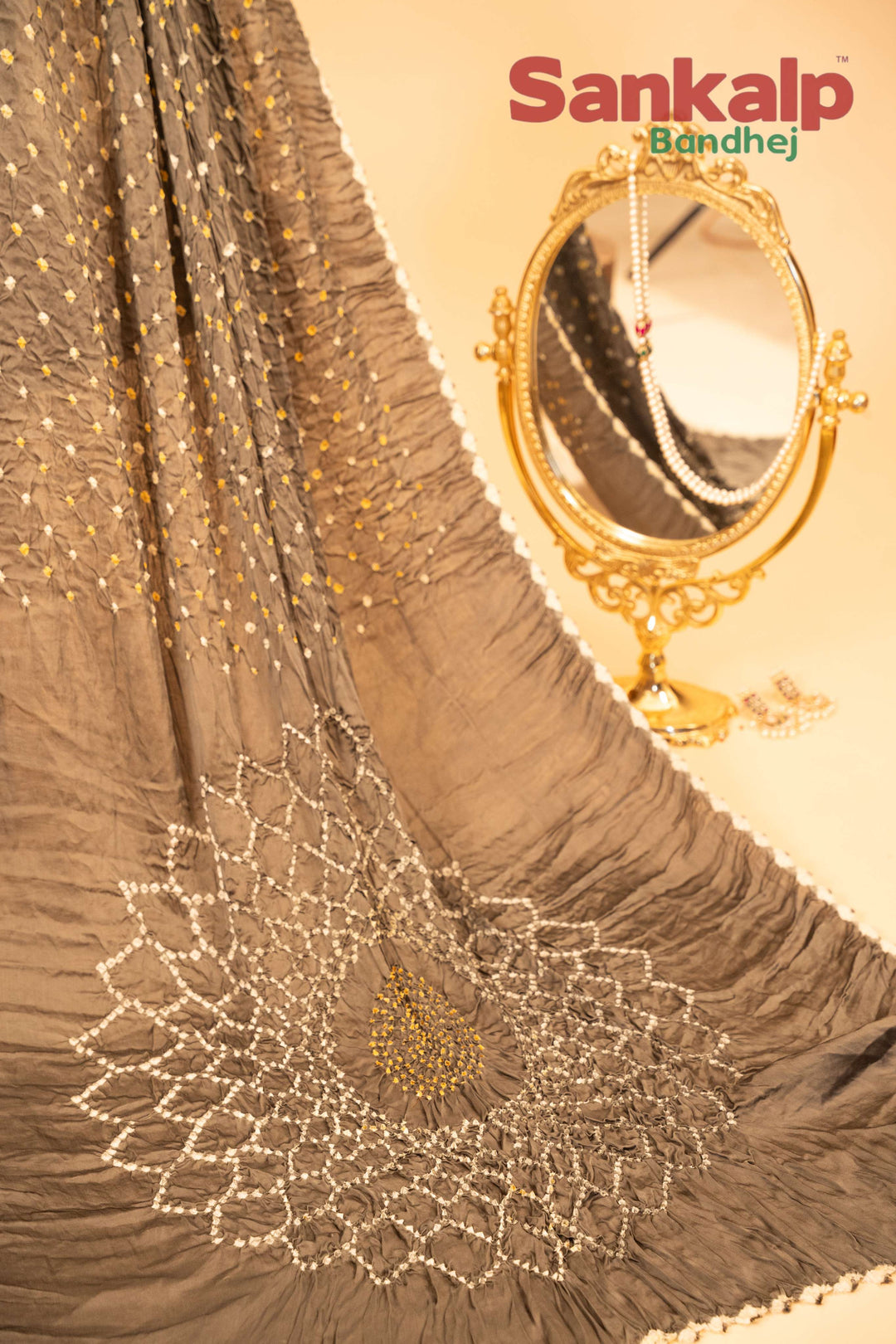 Grey Pure Modal Silk Bandhani Saree With Lagdi Patta