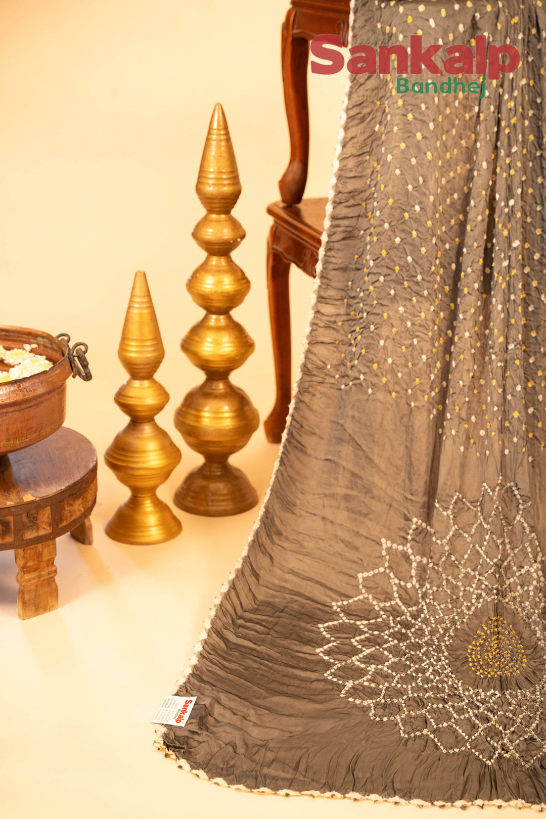 Grey Pure Modal Silk Bandhani Saree With Lagdi Patta