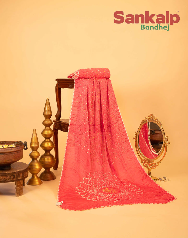 Coral Pink Pure Modal Silk Bandhani Saree With Lagdi Patta