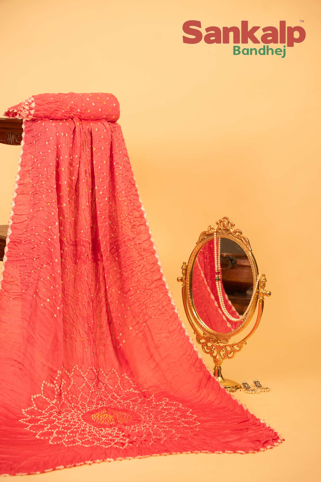 Coral Pink Pure Modal Silk Bandhani Saree With Lagdi Patta