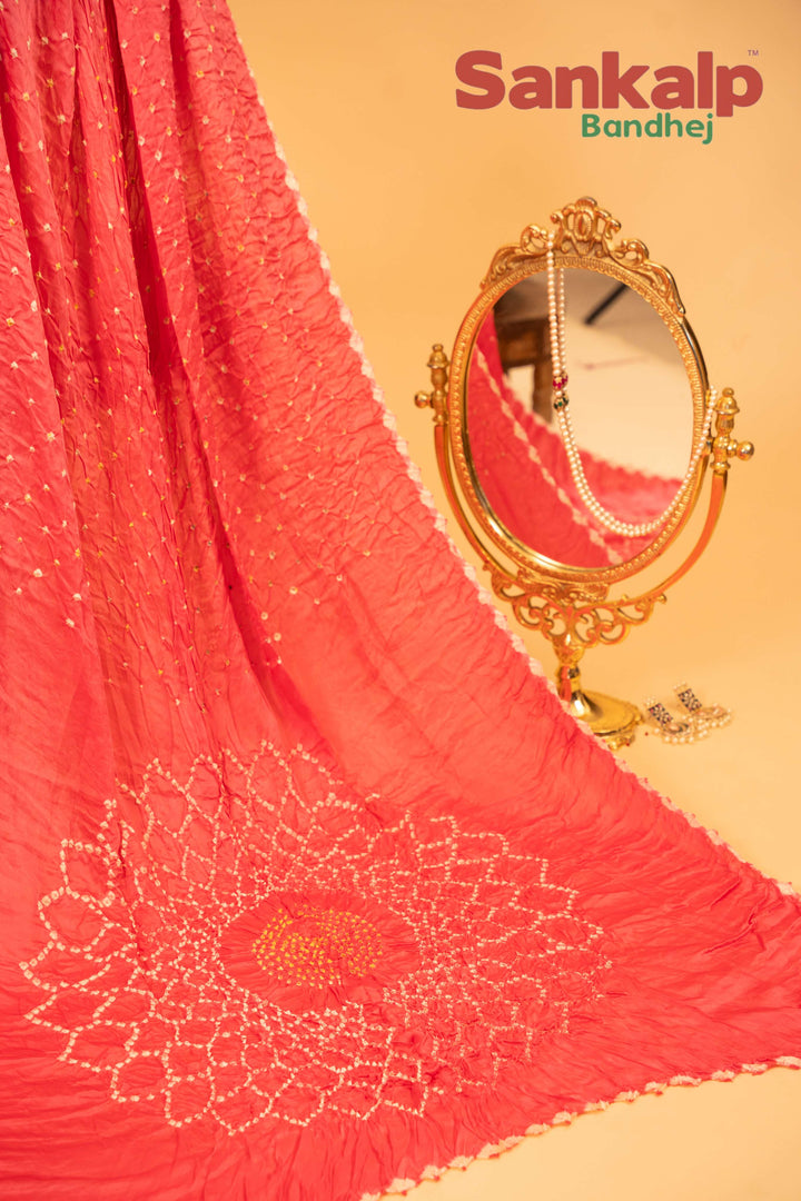 Coral Pink Pure Modal Silk Bandhani Saree With Lagdi Patta